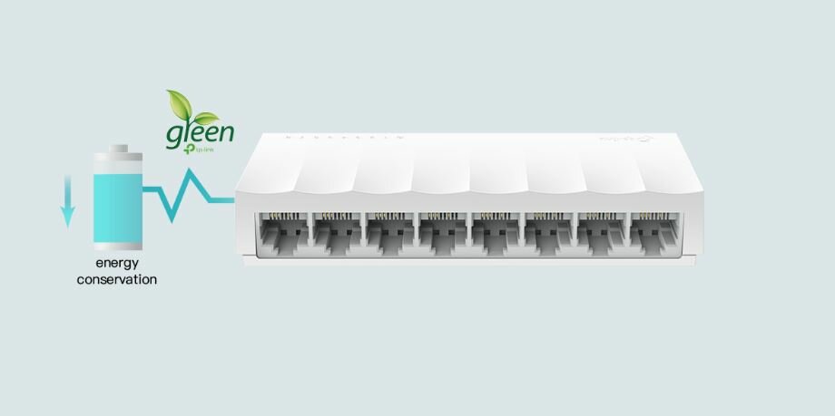Switch TP-Link LS1008 widok od przodu z informacją o energooszczędności