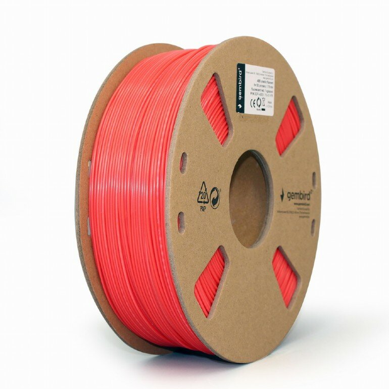 Filament Gembird 3DP-ABS1.75-01-FR czerwony pod skosem w lewo na białym tle