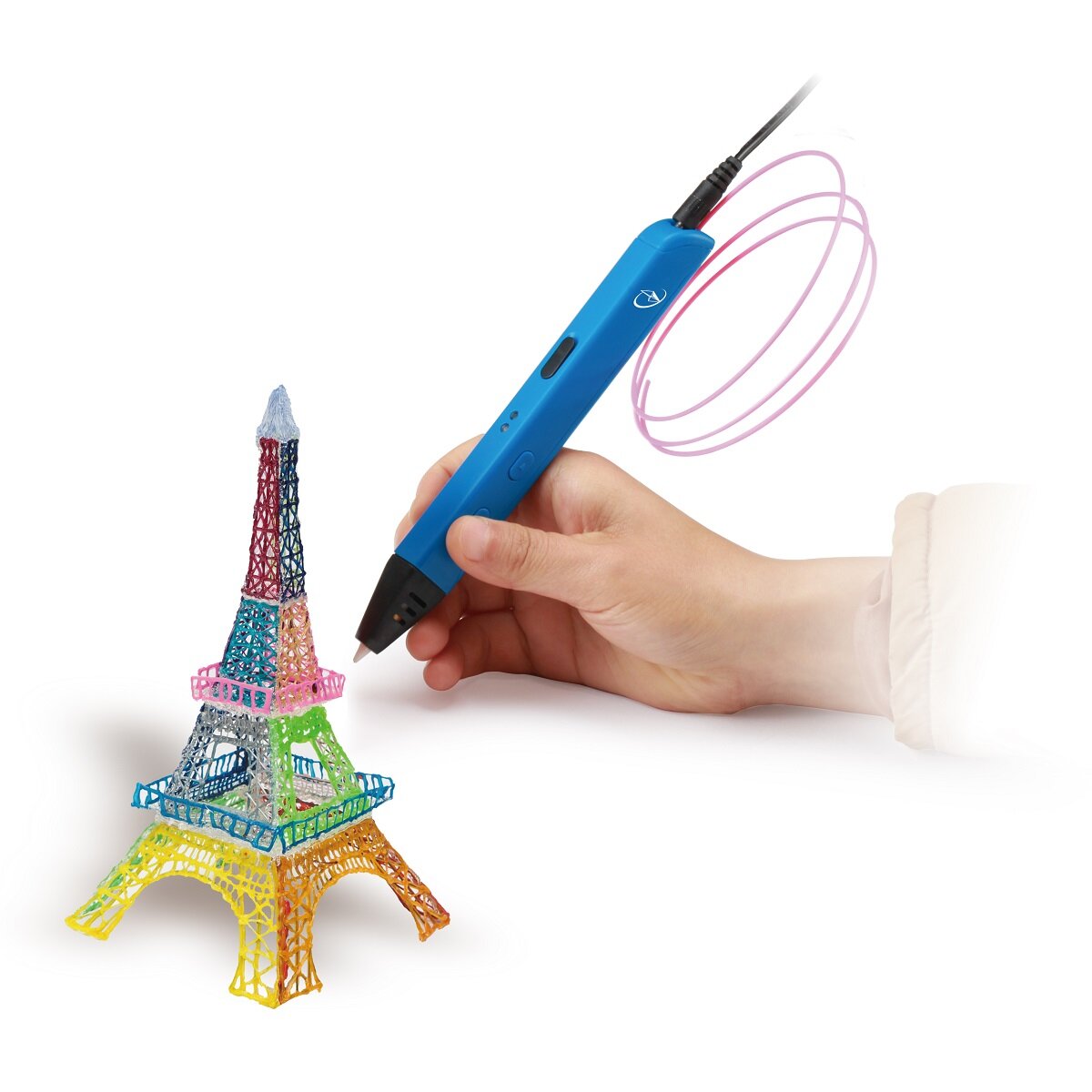 Długopis 3D Gembird 3DP-PEN-01 ABS/PLA trzymany w ręce rysujący wieżę Eiffla w 3D