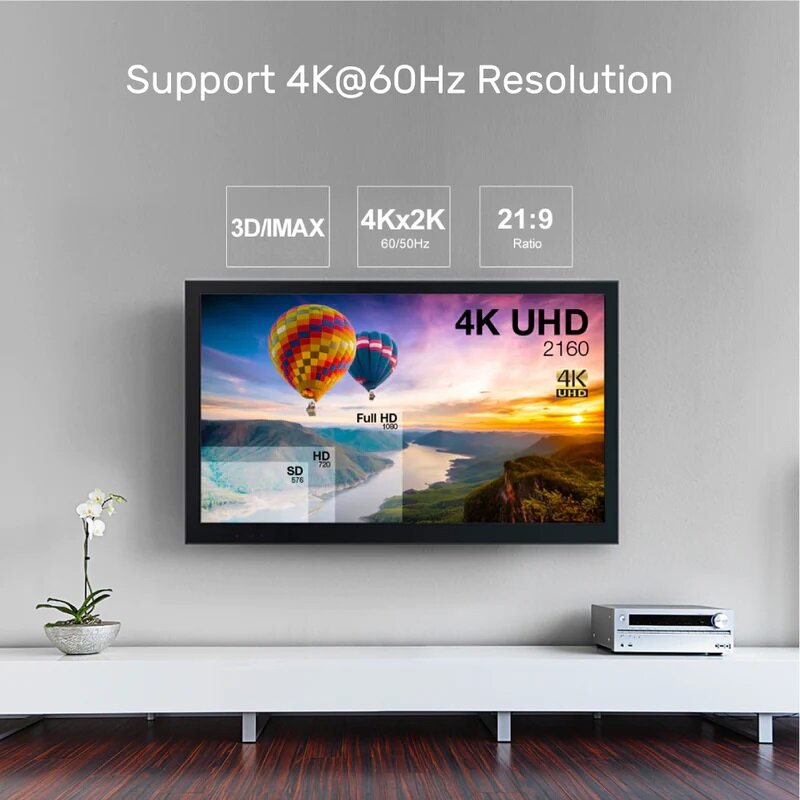 Kabel HDMI Unitek Y-C1030BK 20m z telewizorem od frontu i napisem o rozdzielczości
