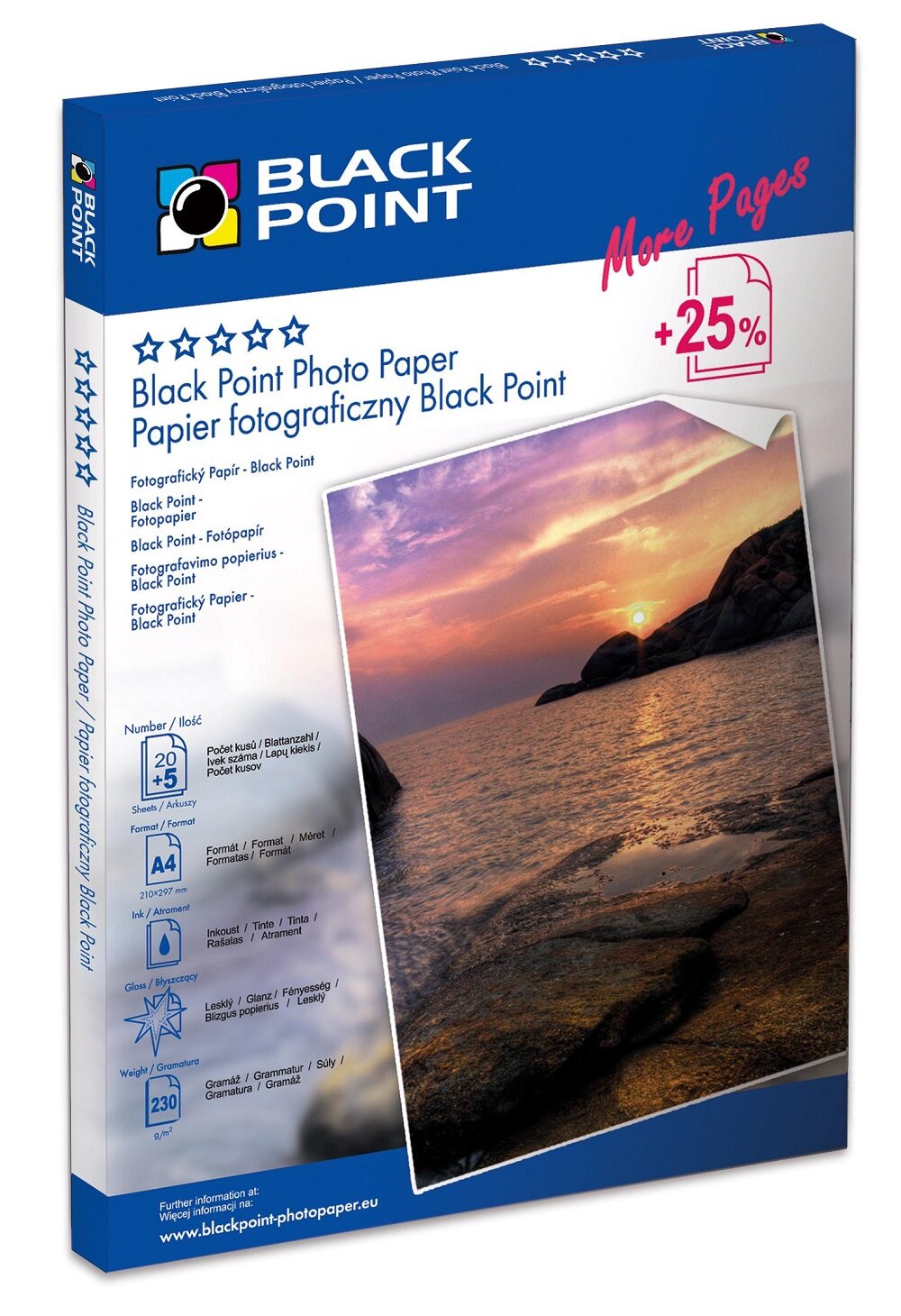 Papier fotograficzny Black Point PFA4G230A widok pod kątem na opakowanie