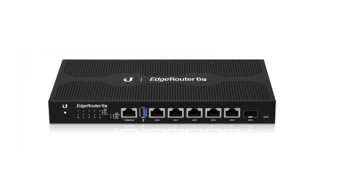 Router Ubiquiti ER-6P 1 GB pokazany od przodu na białym tle