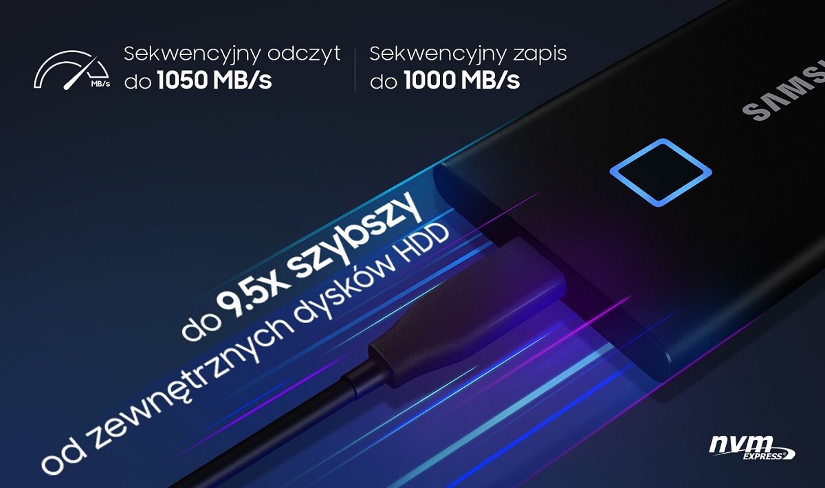 Dysk przenośny Samsung SSD T7 Touch 500 GB czarny na grafice z tekstem o prędkości transferu