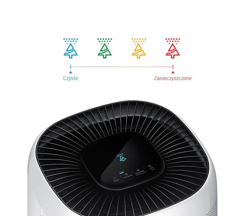 Oczyszczacz powietrza Samsung AX34R3020WW od góry z ukazanym paskiem stopnia zanieczyszczenia