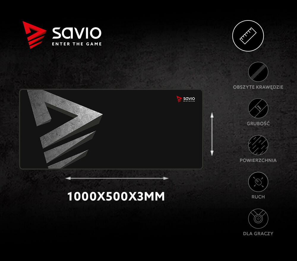 Podkładka pod mysz SAVIO Precision Control XXL GPCXXL widok na podkładkę, jej wymiary oraz cechy zawarte na grafice