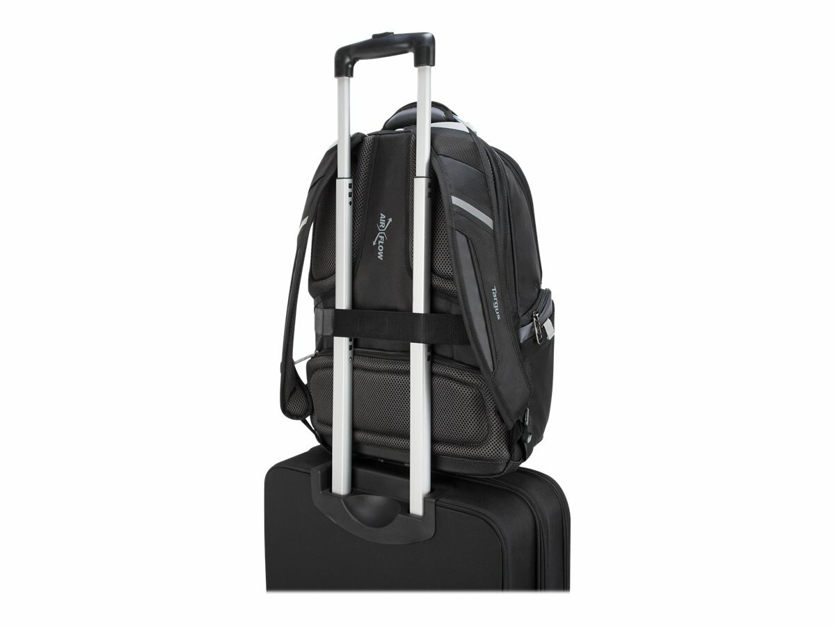 Plecak na laptopa Targus DrifterTrek 11,6-15,6 czarny zamontowany na uchwycie walizki na białym tle