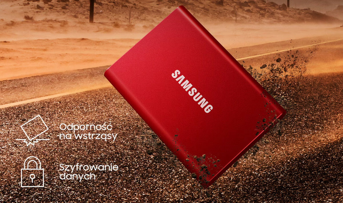 Dysk Samsung Portable SSD T7 wizualizacja wytrzymałości dysku przez jego uderzenie o drogę