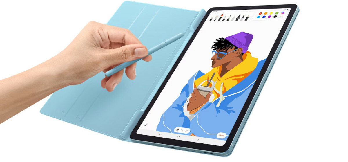 Etui Samsung Book Cover z włożonym tabletem na którym rysowany jest obraz