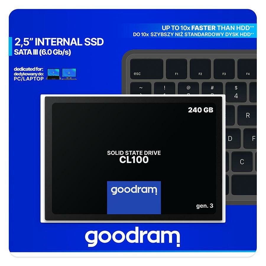 Dysk SSD GOODRAM CL100 Gen. 3 240GB 2,5 przód dysku na tle klawiatury
