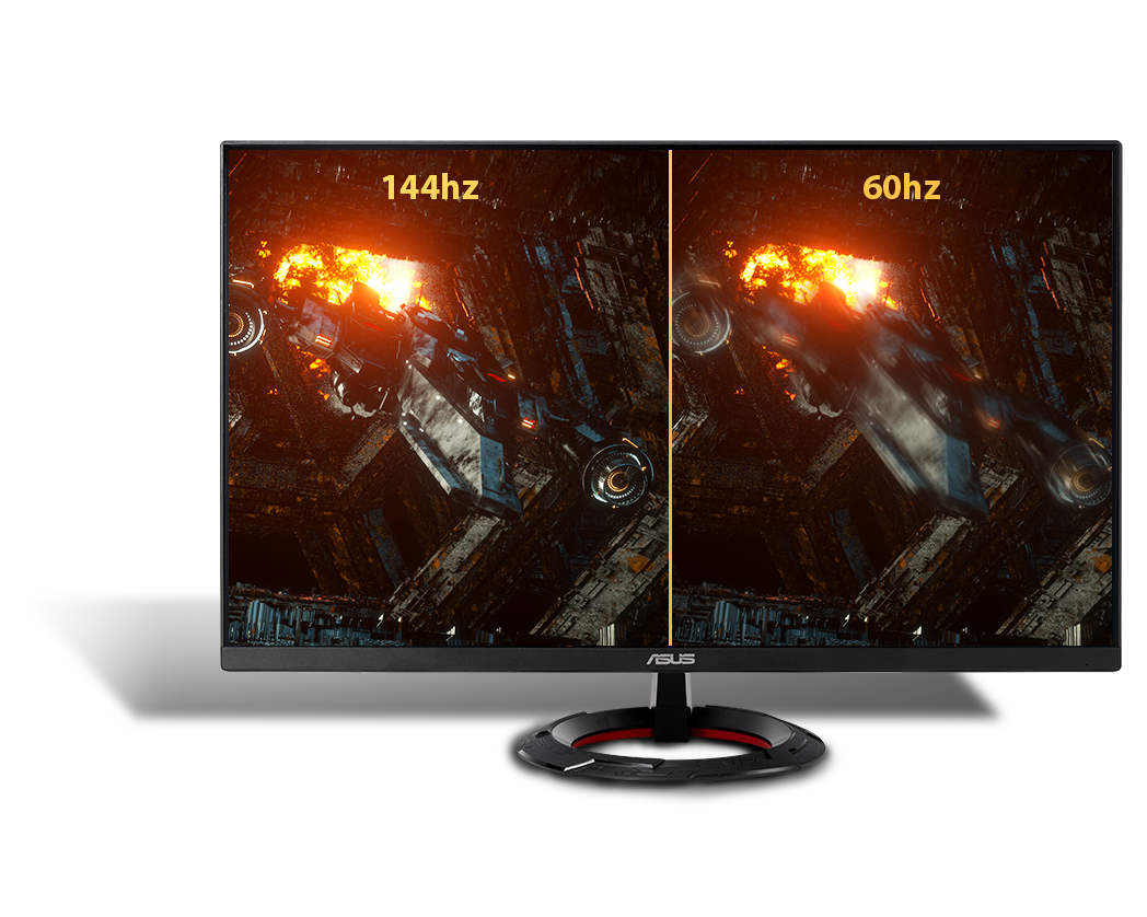 Monitor gamingowy ASUS TUF Gaming VG279Q1R czarny wizualizacja różnicy w szczegółowości obrazu wyświetlanego na ekranie o odświeżaniu 60 Hz i 144 Hz widok na ekran od przodu