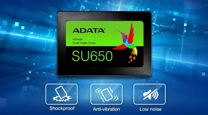 Dysk SSD Adata SU650 1.92TB ASU650SS-1T92T-R informacja o odporności na wstrząsy, braku wibracji i cichszej pracy