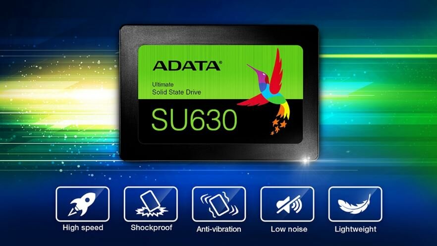 Dysk SSD ADATA Ultimate SU630 3.84TB ASU630SS-3T84Q-R  widok od przodu na kolorowym tle