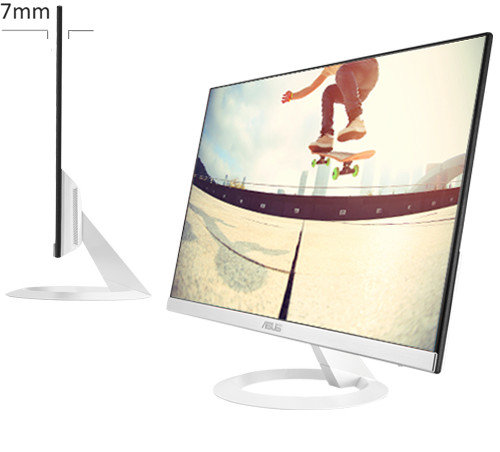 Monitor Asus VZ249HE-W biały widok na ekran od boku, zobrazowana grubość wynosząca 7 mm