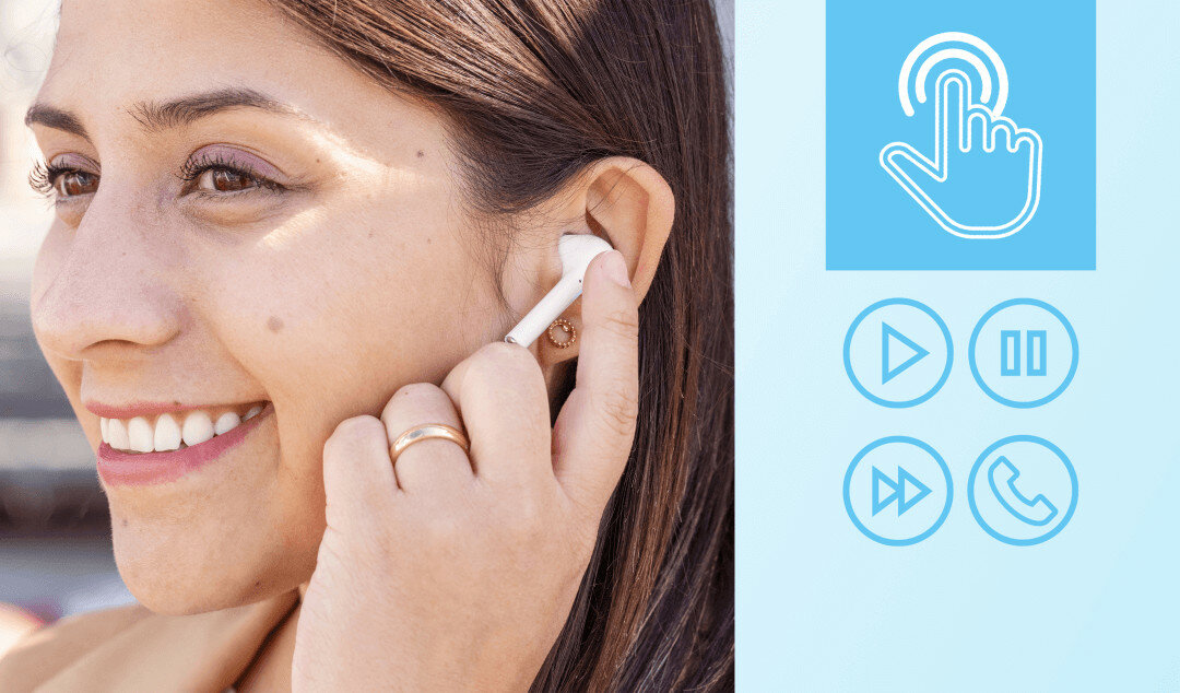 Słuchawki bezprzewodowe Trust Nika Touch białe kobieta dotyka palcem słuchawkę