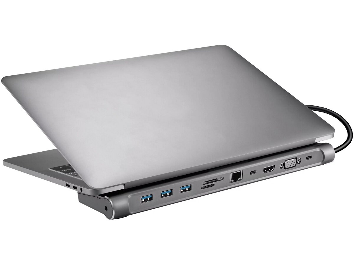 Stacja dokująca Sandberg USB-C 136-31 szara podłączona do laptopa na białym tle