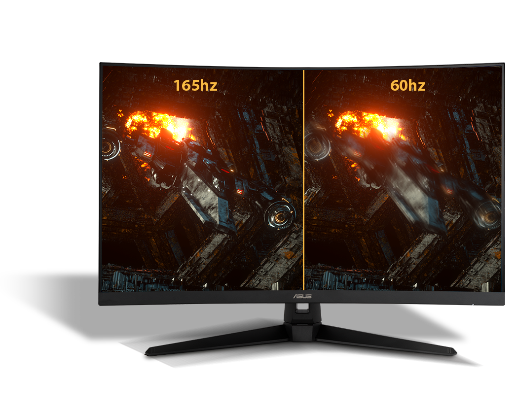 Monitor gamingowy ASUS TUF Gaming VG27VH1B czarny wizualizacja różnicy w szczegółowości obrazu wyświetlanego na ekranie o odświeżaniu 60 Hz i 165 Hz widok na ekran od przodu