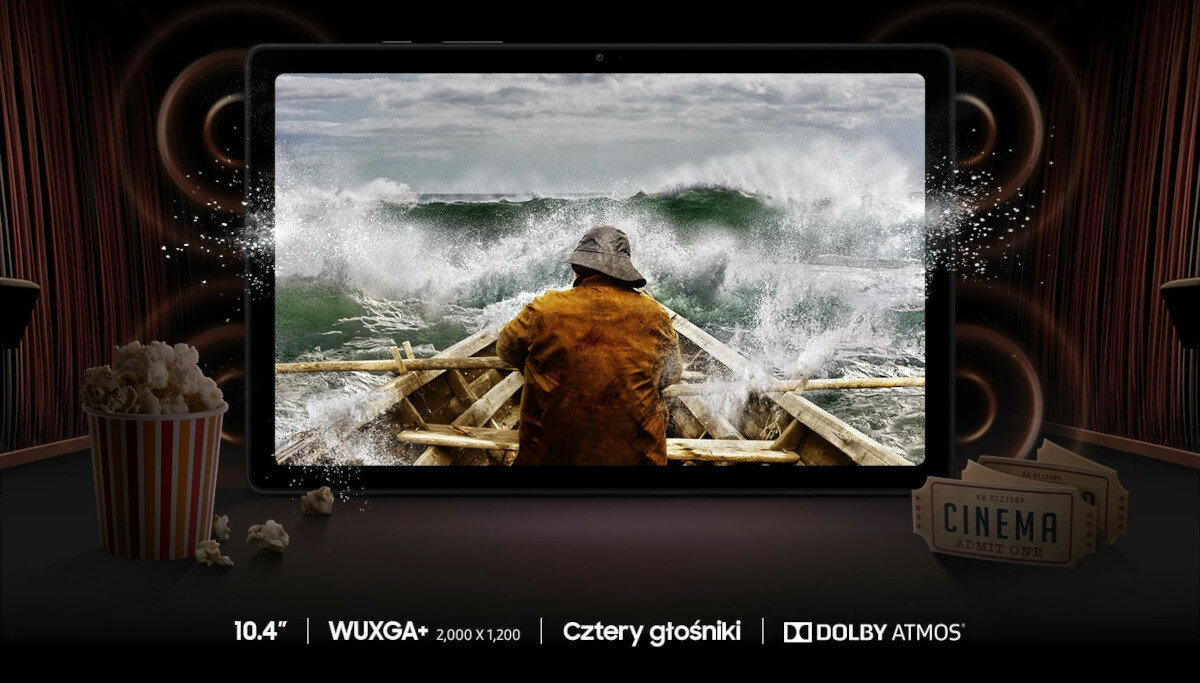 Tablet Samsung Galaxy Tab A7 T500 widok na film puszczony na tablecie na tle sali kinowej