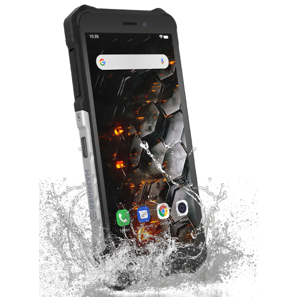 MyPhone Hammer Iron 3 LTE Srebrny widok od lewego boku na ekran, telefon zachlapany wodą