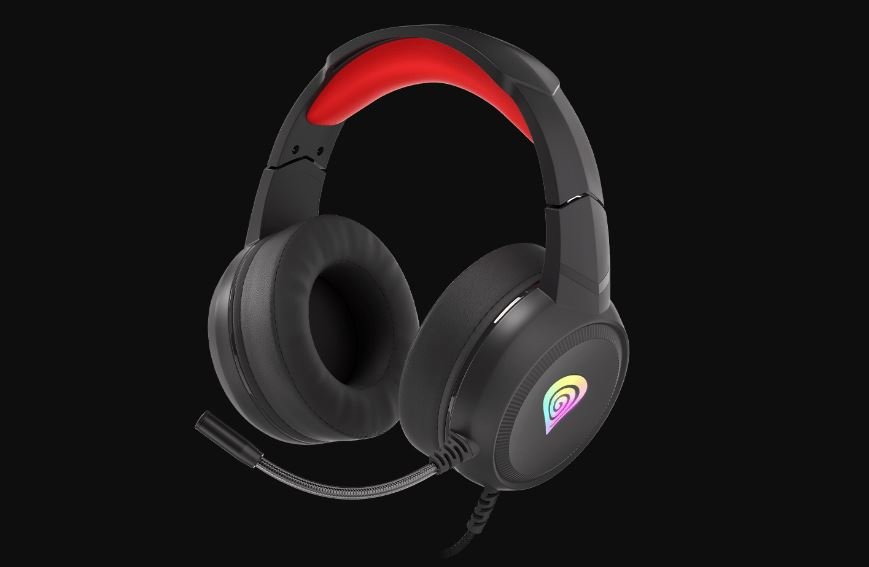 Słuchawki Genesis Neon 200 RGB czarno-czerwone w bok na czarnym tle