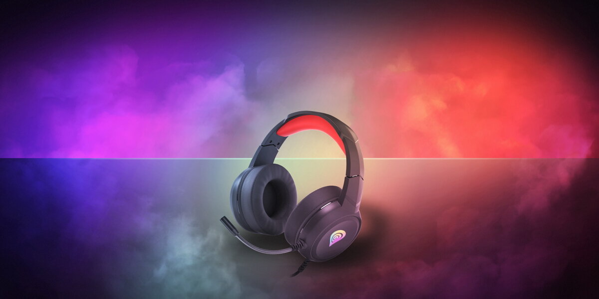 Słuchawki Genesis Neon 200 RGB czarno-czerwone od lewej strony na kolorowym tle