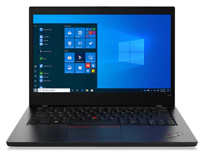 Laptop Lenovo ThinkPad L14 14 Czarny widok od przodu, widoczny na ekranie interfejs systemu Windows