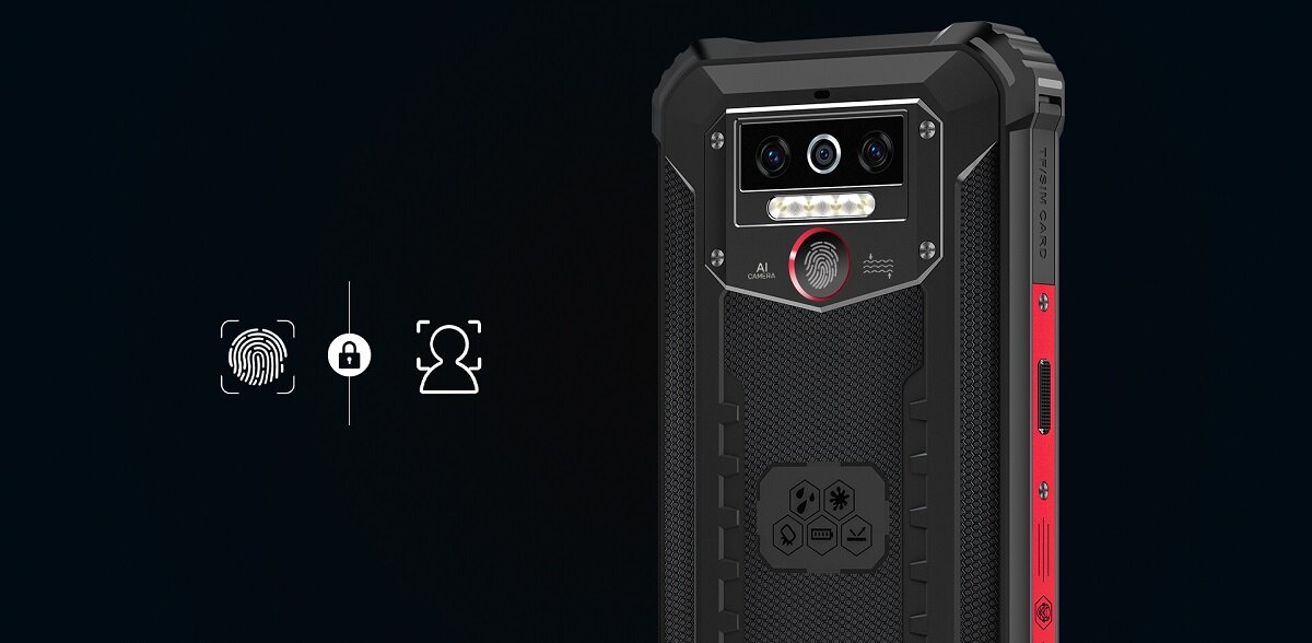 Smartfon Oukitel WP5 Pro 4/64 GB czarny widok smartfonu od tyłu i możliwość odblokowania smartfonu odciskiem palca i rozpoznaniem twarzy