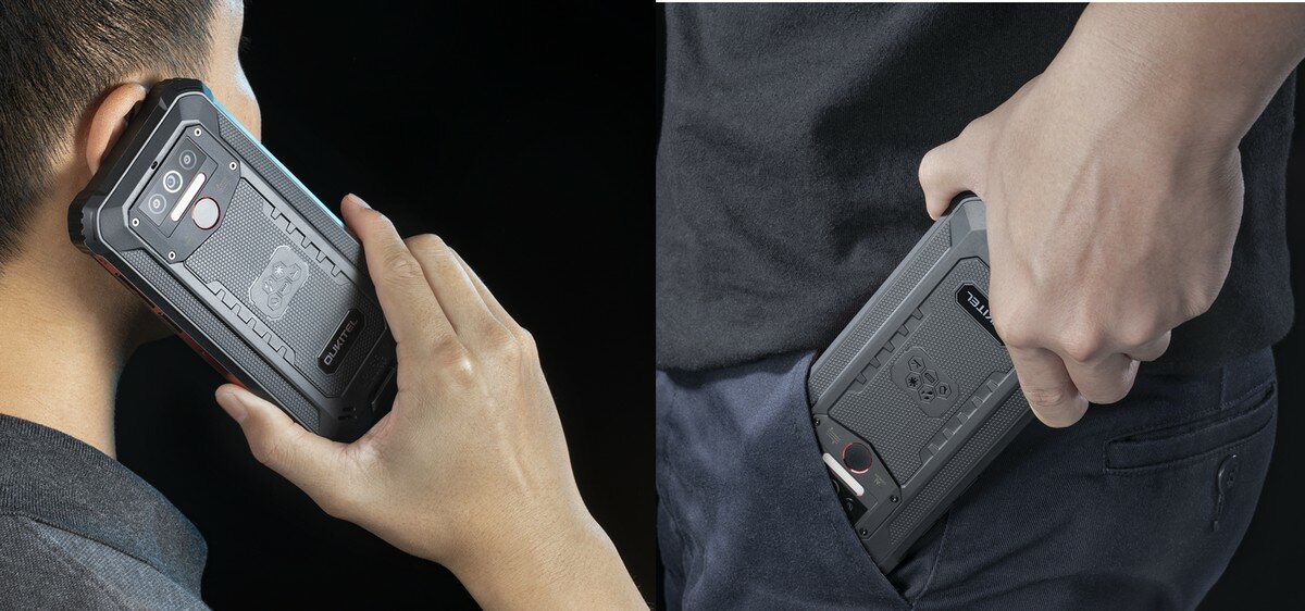 Smartfon Oukitel WP5 Pro 4/64GB Pomarańczowy trzymany w ręce i wkładany do kieszeni
