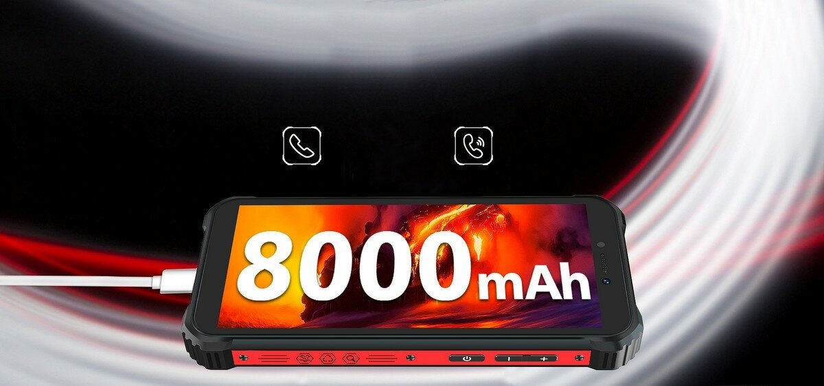 Smartfon Oukitel WP5 Pro 4/64GB Pomarańczowy od frontu z grafiką pojemności baterii