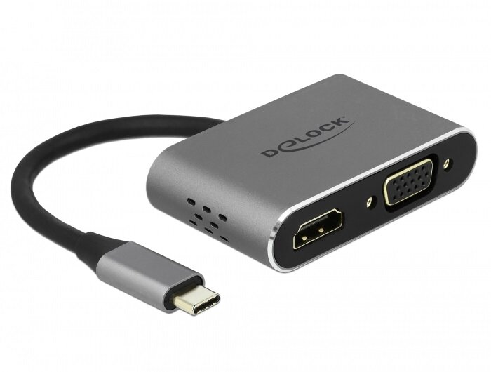 Adapter Delock 64074 USB-C - HDMI/VGA/USB3.0/PD AKDONASD0100 bokiem z widocznym wejściem HDMI i VGA