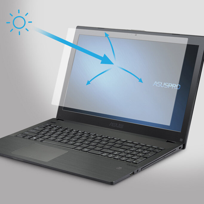 Laptop ASUSPRO P2540 P2540FA-DM0561R czarny widok na ekran od prawego boku wizualizacja działania antyodblaskowej matrycy