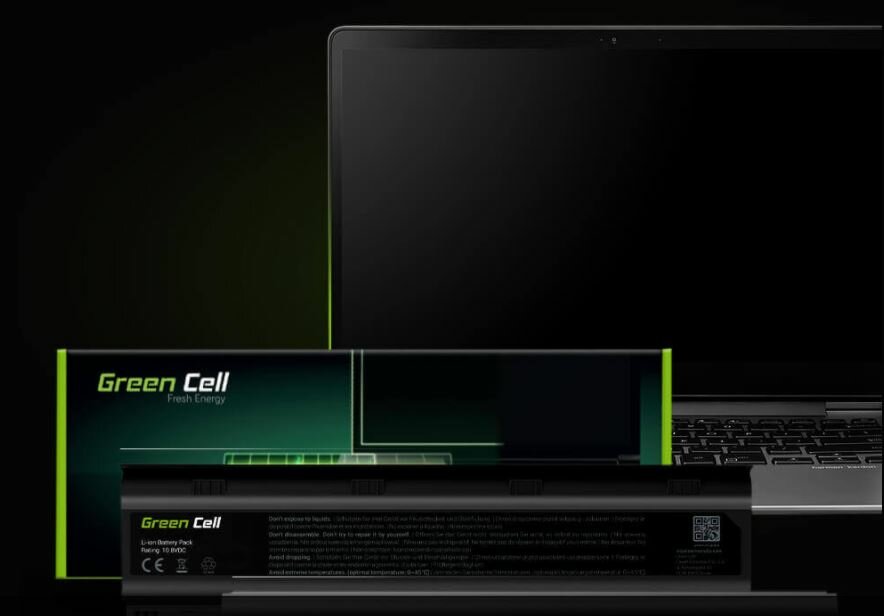 Bateria Green Cell SH03XL HP148 na tle pudełka i laptopa