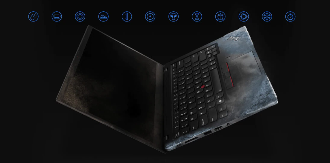 Notebook Lenovo ThinkPad X1 Carbon czarny widok na przód pod kątem z graficznym przedstawieniem warunków, na jakie jest odporny