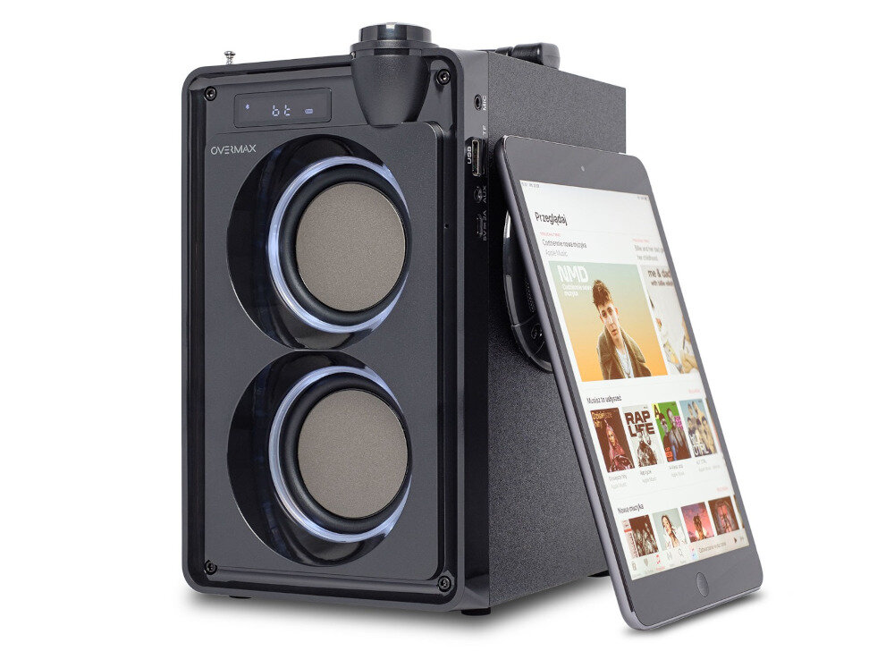 Głośnik bezprzewodowy Overmax Soundbeat 5.0 2x20W tablet obok głośnika