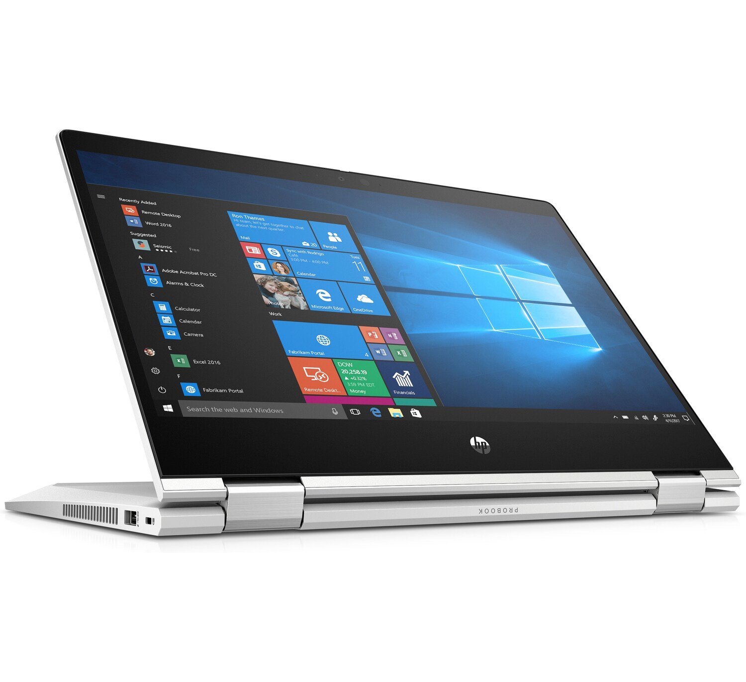 Notebook HP ProBook x360 435 G7 srebrny widok od lewego boku na ekran w pozycji tabletu 