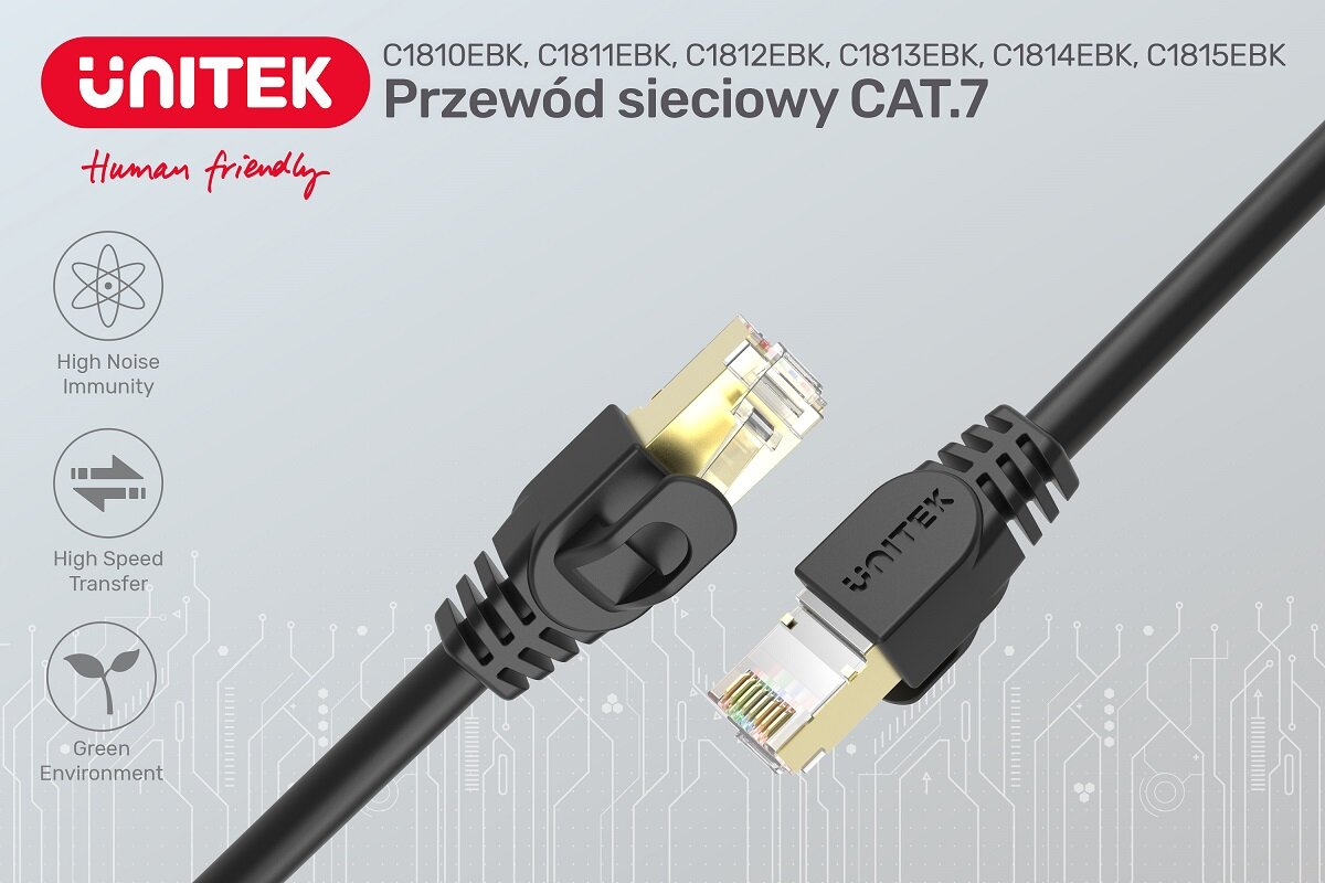 Kabel sieciowy Unitek C1810EBK RJ45 Kat.7 2m grafika ze specyfikacją, zbliżenie na styki rj45