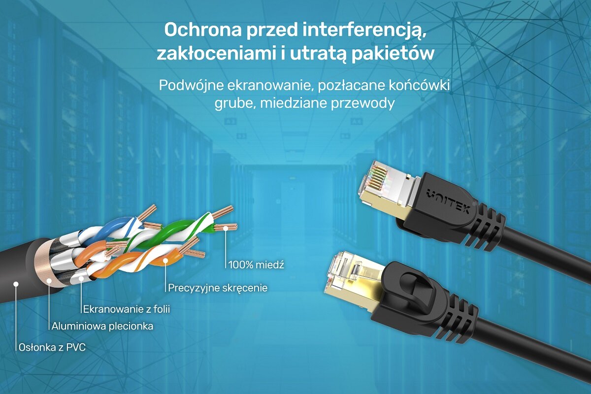 Kabel sieciowy Unitek C1810EBK RJ45 Kat.7 2m grafika na niebieskim tle, po lewej stronie przekrój kabla rj45, po prawej stronie kabel pod skosem