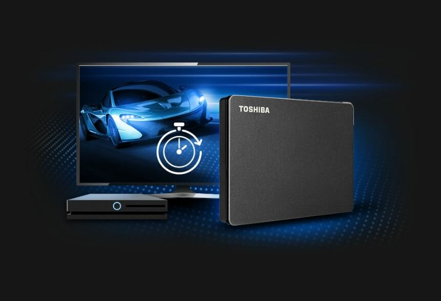 Dysk zewnętrzny Toshiba Canvio Gaming 1TB czarny na niebiesko-czarnym tle z telewizorem i konsolą