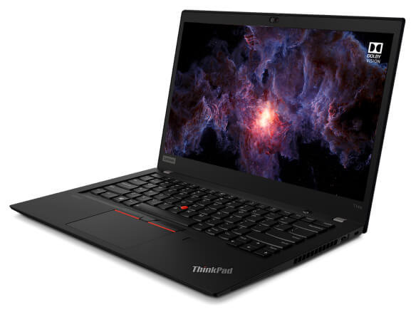Laptop Lenovo ThinkPad T14s czarny widok na przód od prawej strony, otwarta pokrywa matrycy