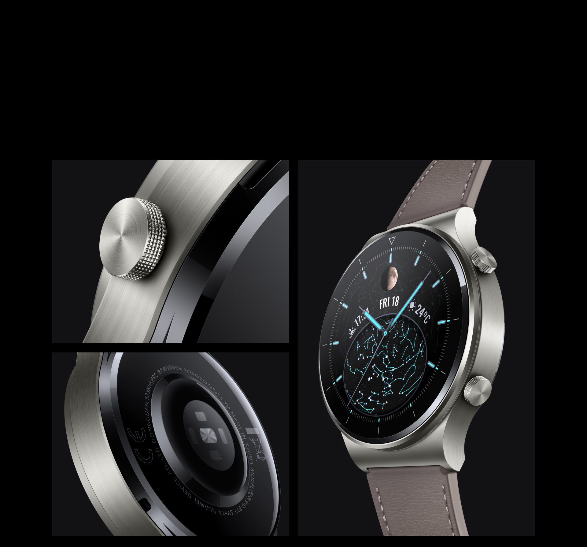 Smartwatch HES WATCH GT 2 Pro Szary zbliżenie na najważniejsze elementy designu (tarcza z przodu i z tyłu oraz pokrętło) 
