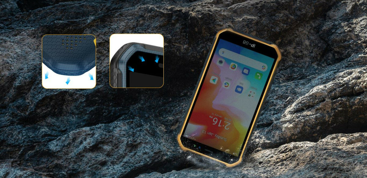 Smartfon Ulefone Armor X7 Pro 4GB/32GB czarny widok od frontu na telefon upadający na skały