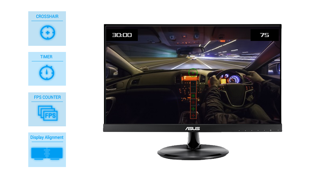 Monitor ASUS VP228DE Czarny widok od przodu na ekran z przedstawionym widokiem na grę sportową