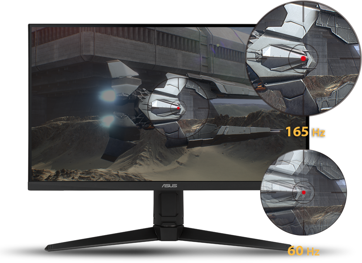 Monitor ASUS TUF GAMING VG279QL1A czarny wizualizacja różnicy w szczegółowości obrazu wyświetlanego na ekranie o odświeżaniu 60 Hz i 165 Hz