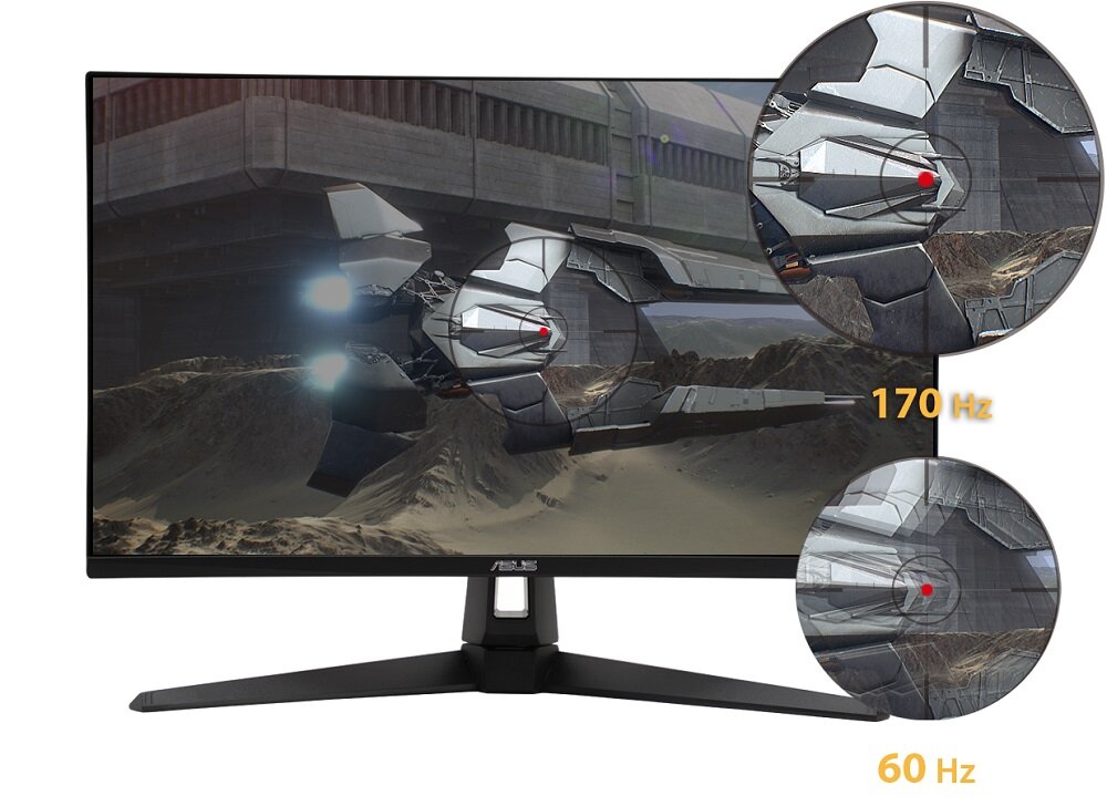 Monitor gamingowy ASUS TUF Gaming VG27AQ1A 27 WQHD Czarny widok od przodu na ekran porównanie detali wyświetlanych na ekranie o odświeżaniu 170 Hz i 60 Hz