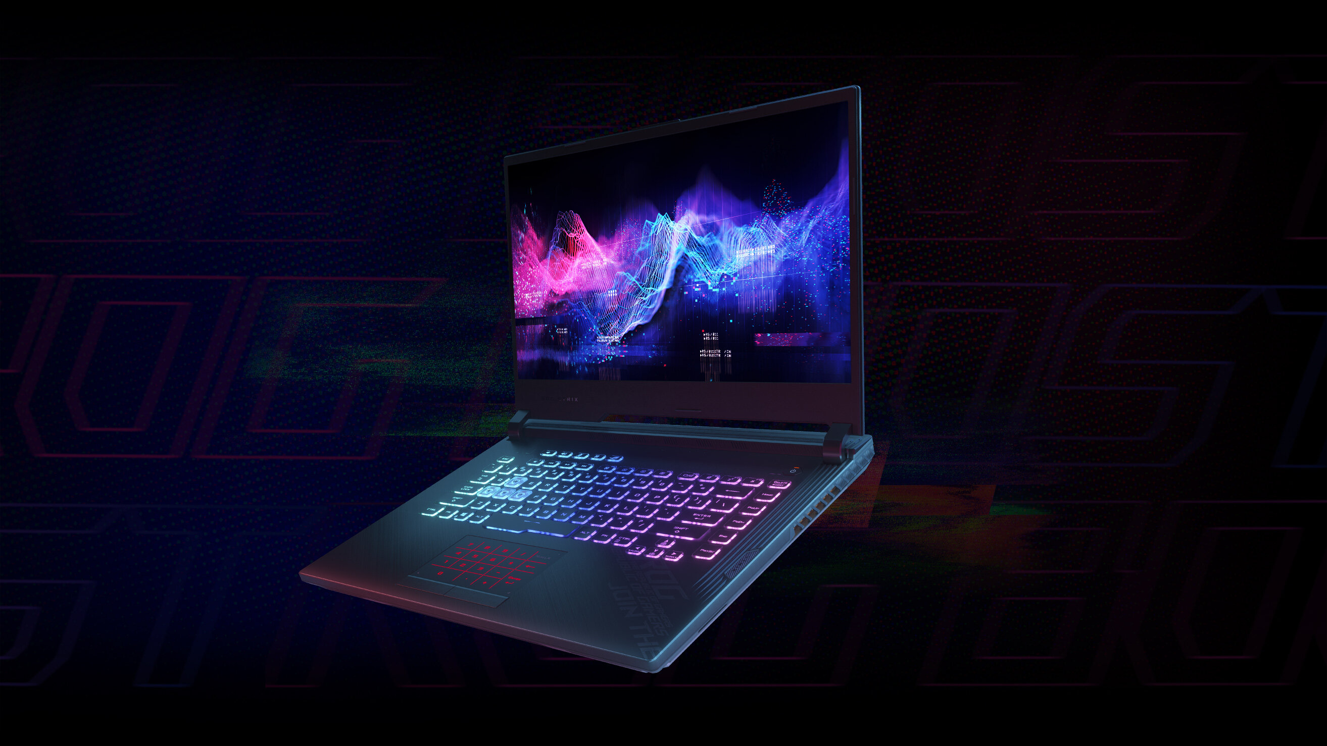 laptop ASUS ROG Strix G15 czarny widok pod kątem na ekran i klawiaturę