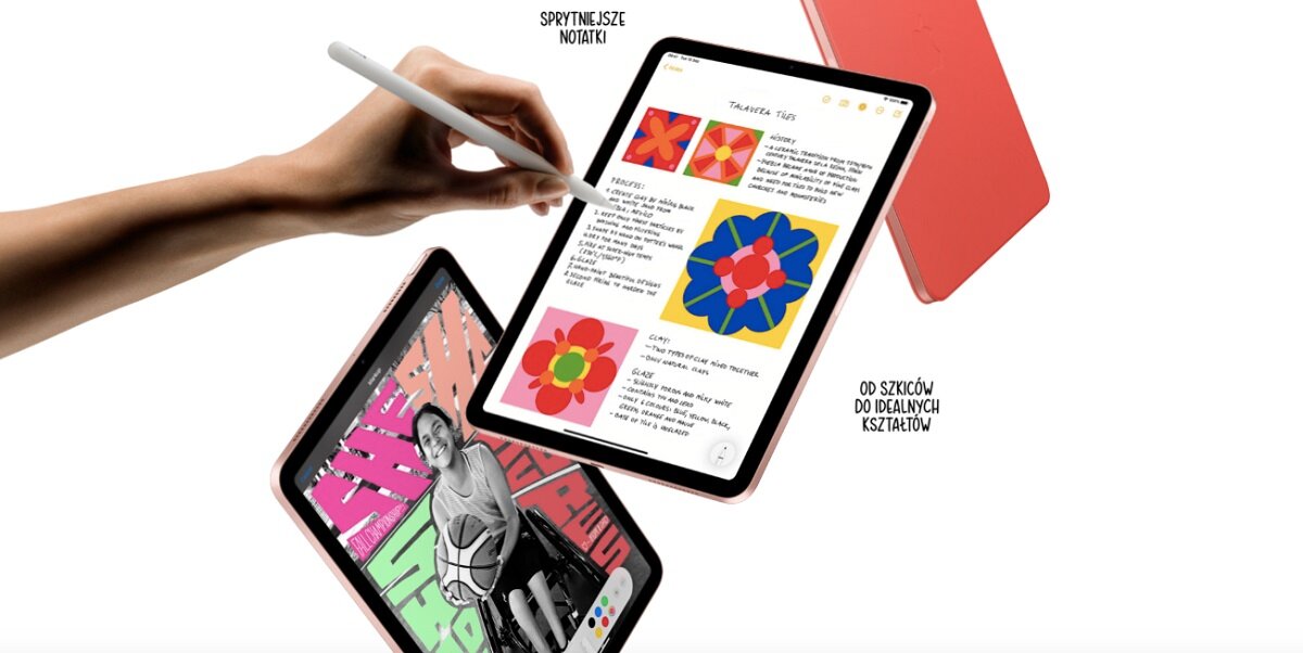 Tablet Apple iPad Air (2020) 10.9 Wi-Fi 64GB różowe złoto z ręką trzymającą rysik