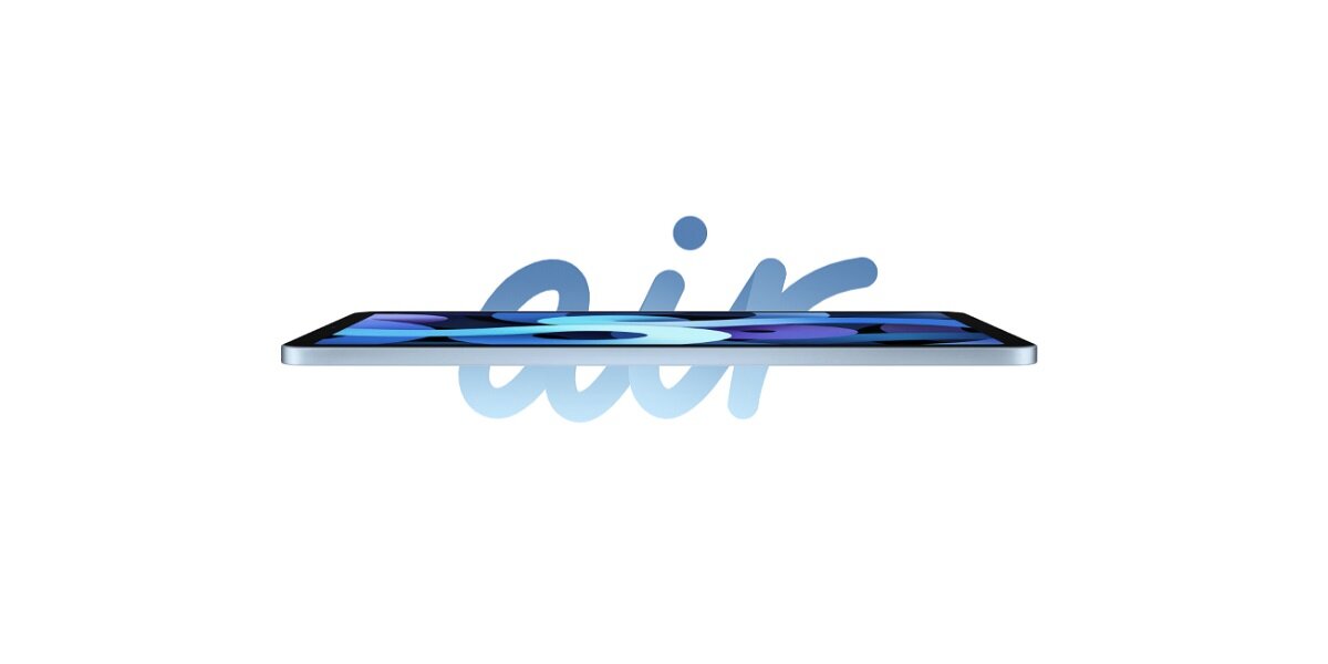 Tablet Apple iPad Air (2020) 10.9 Wi-Fi 64GB różowe złoto od boku na tle napisu air