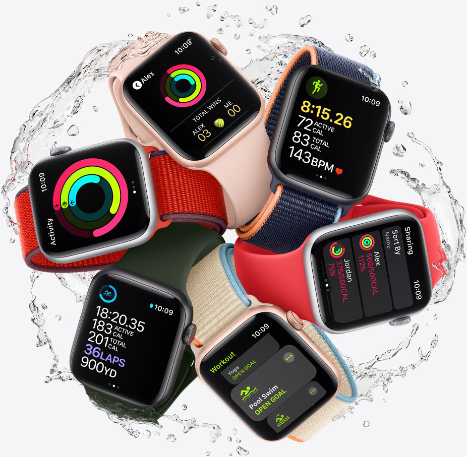 Smartwatch Apple Watch SE widok przodem na wersje kolorystyczne w okręgu