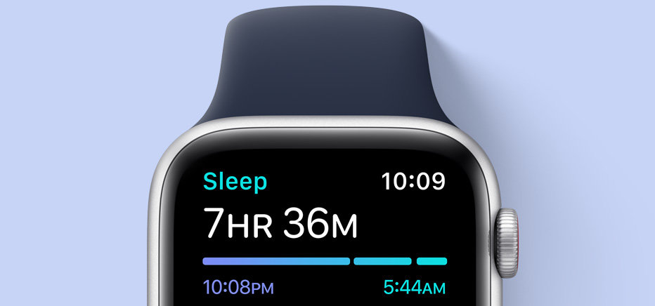 Smartwatch Apple Watch SE widok na tarczę pokazującą aplikację sleep
