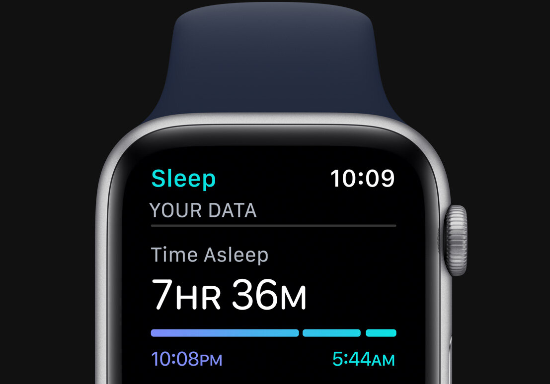 Smatwatch Apple Watch Series 6 GPS 40mm Blue Aluminium widok od frontu, na ekranie zmierzony czas snu