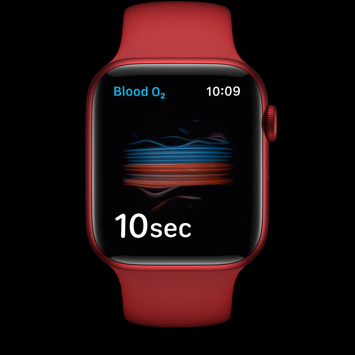 Smartwatch Apple Watch Series 6 GPS + Cellular 40mm od frontu z włączonym wyświetlaczem na czarnym tle